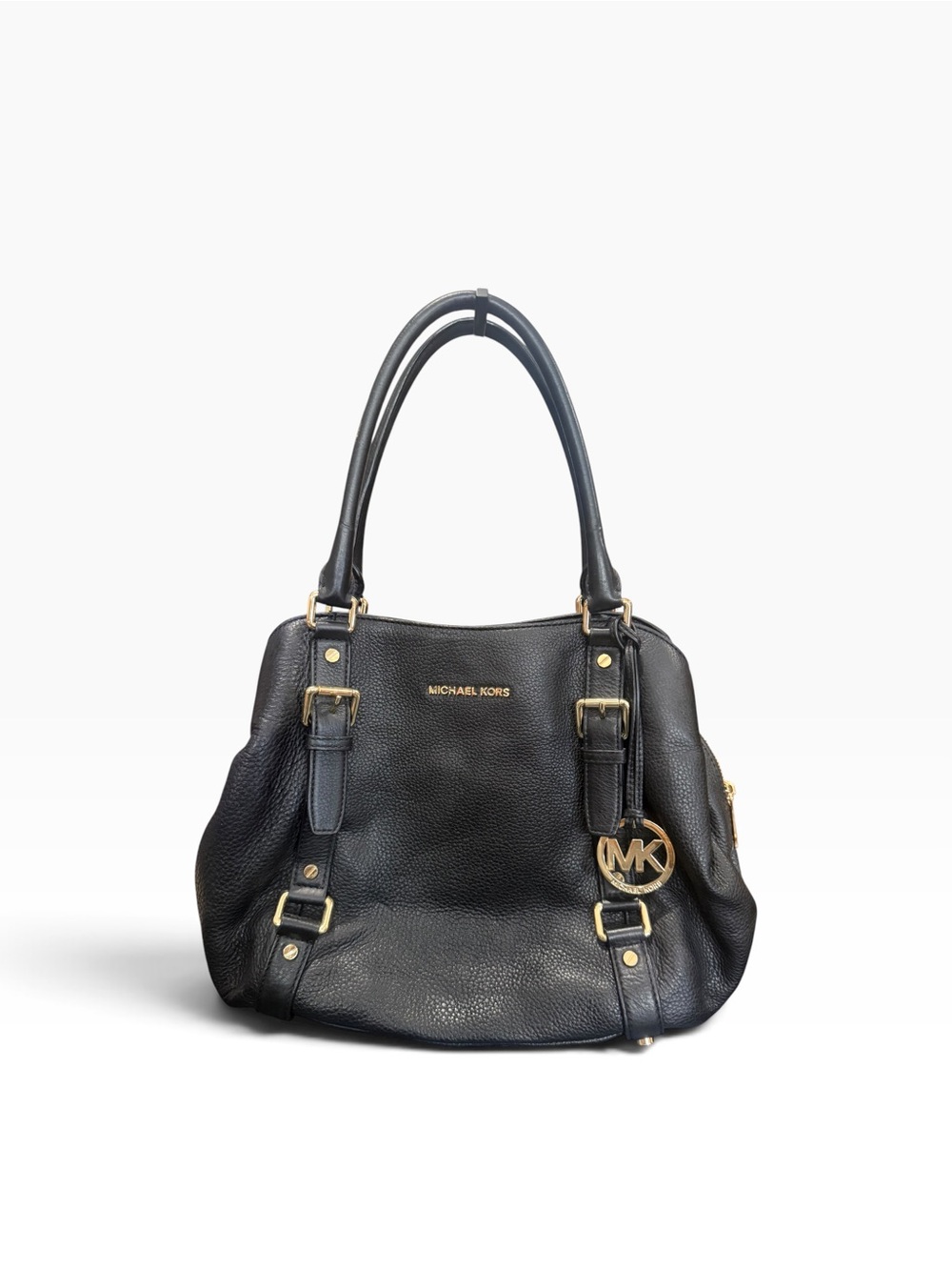 Michael Kors Black Pebbled Leather Shoulder Bag with Gold Accents